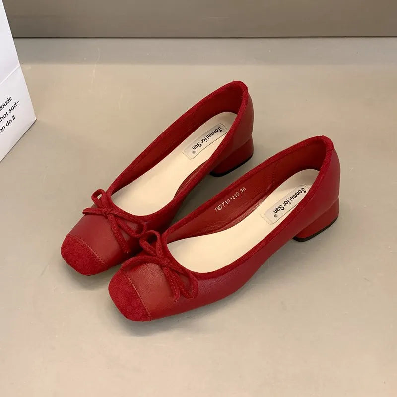 Fashion Elegant Red Ballerinas Women Pumps Slip on Loafers Round Toe Square Heels Bowknot Low Heel Shoes