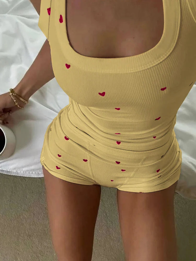 Comfortable Heart Print 2 Piece Set Women Square Collar Sleeveless Crop Tops+Stretch Shorts Sweet Fashion Outfits