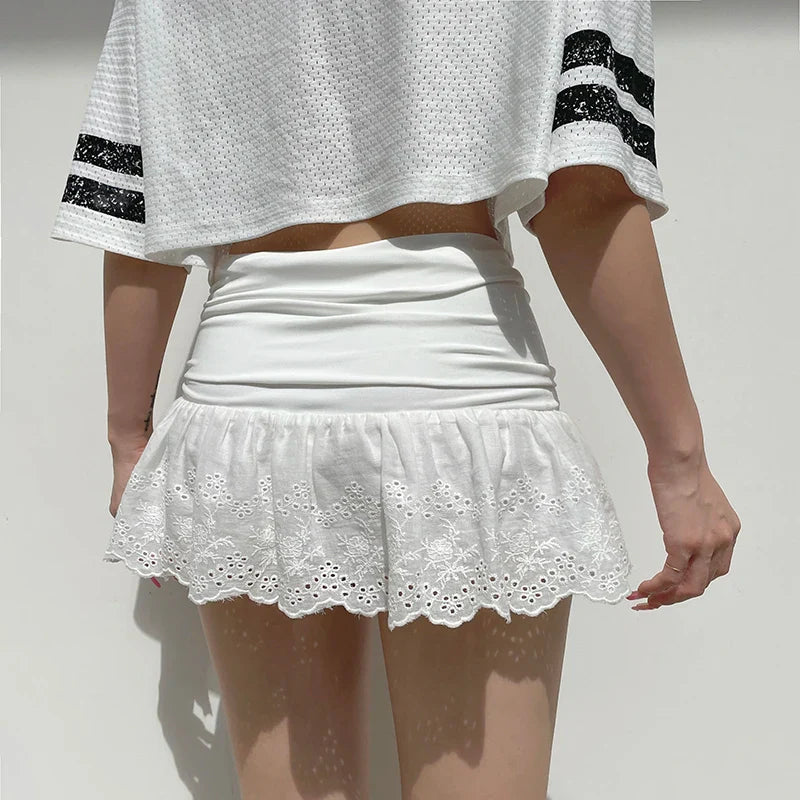White Lace Pleated Skirt with Shorts Cute Coquette Low Rise Patchwork Super-short Mini Skirt