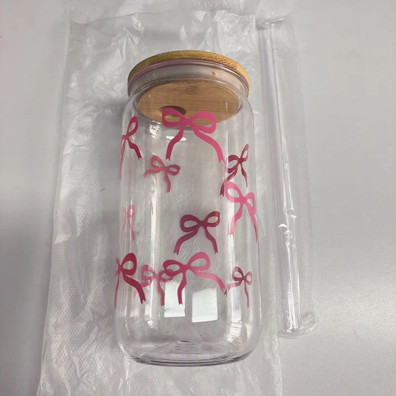 Cute Bow Glass Cup Tumbler Mason Jar Shaped With Lids & Straw
