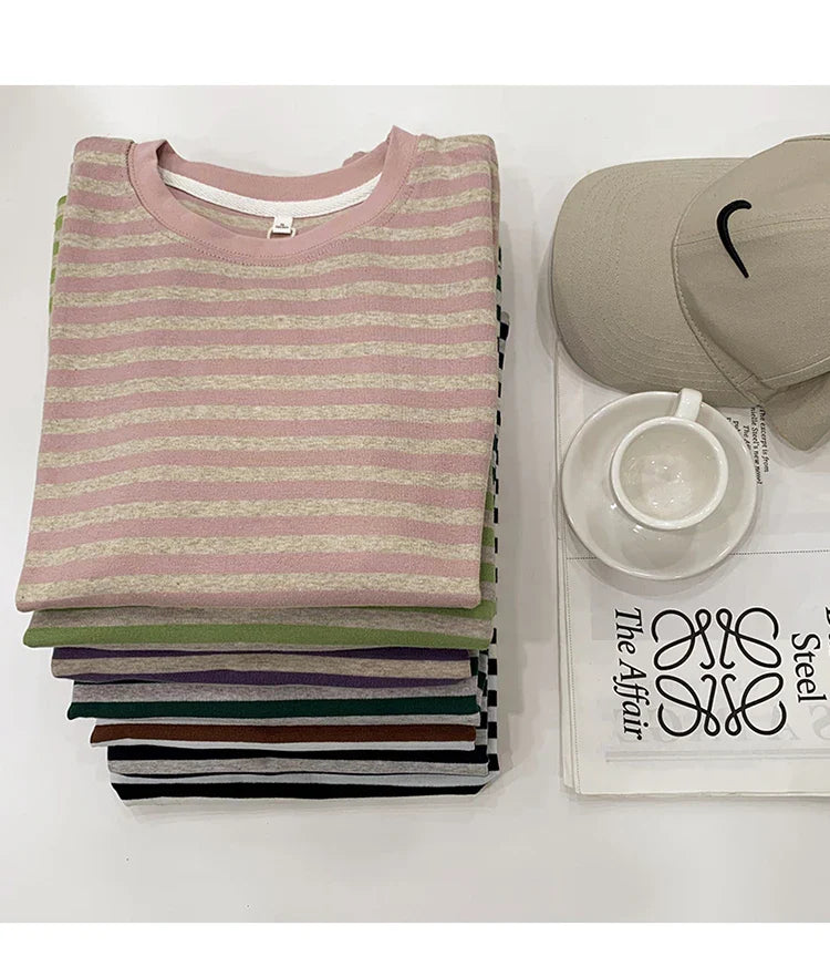 Summer Short Sleeve Striped T-Shirts Versatile Women Knitted Basic Casual Tops Female Cozy Loose Cotton Tees