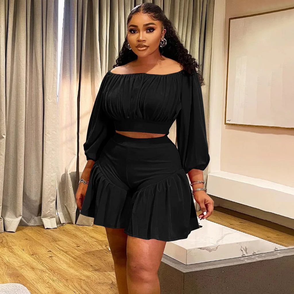 Plus Size Women's Set Long Sleeve Slash Neck T-Shirt and Shorts Summer Ruched Two 2 Piece Set Outfits Tracksuit