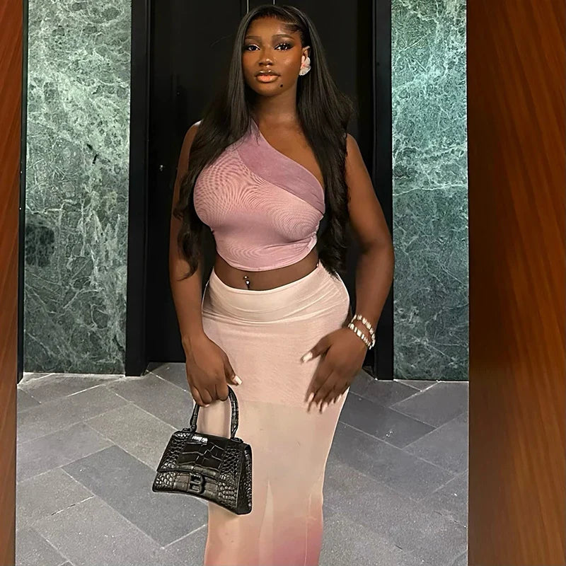 Gradient Women 2 Piece Set Elegant One-Shoulder Tank Tops+Double Deck Maxi Skirts Fashion Outfit