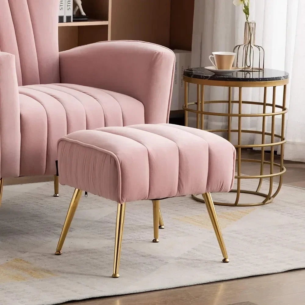 Pink Upholstered Velvet Ottoman with Gold Legs Metal Base for Foot Rest Stool Seat in Living Room Bedroom Hallway Entryway