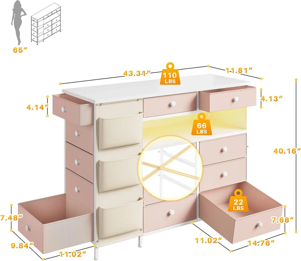 Pink Dresser For Bedroom With 13 Fabric Drawers And Led Lights, Closet Island With Drawers, Dressers & Chest Drawers