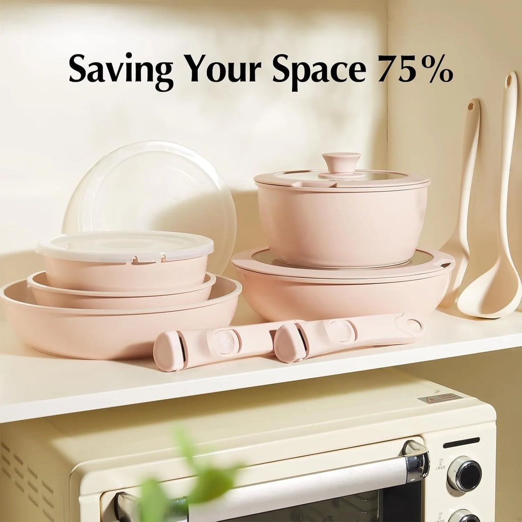 Ceramic 16pcs Pots and Pans Set Non Stick, Nonstick Kitchen Cookware Set with Detachable Handle, Non Toxic