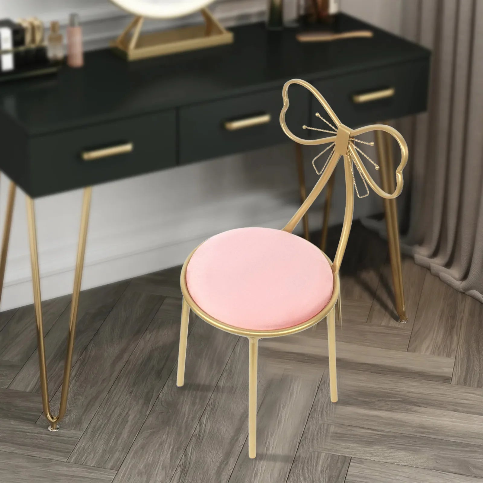 Vanity Stool Chair for Makeup Modern Velvet Butterfly Accent Chair Pink Cute Girls Bow Knot Backrest Chair  Home Decor
