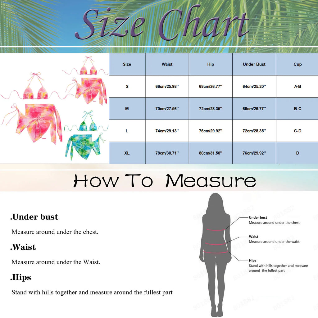 Women Push Up Bikinis Set 3 Piece Mesh Skirts Kontted Bathing Suit Beachwear