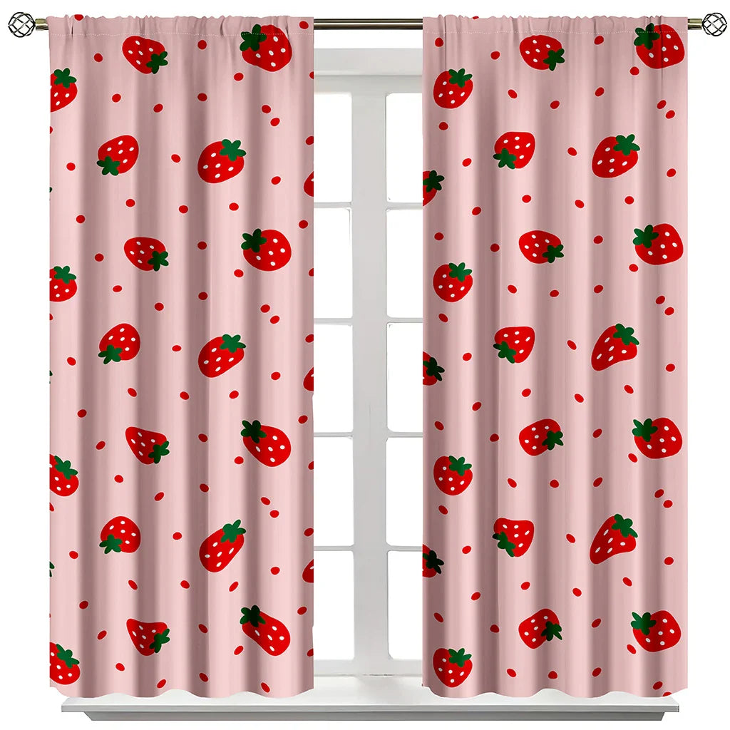 Strawberry Curtain Pink Cute Fruit Print Curtain Kawaii Room Decor Strawberries 1Set/2Pcs