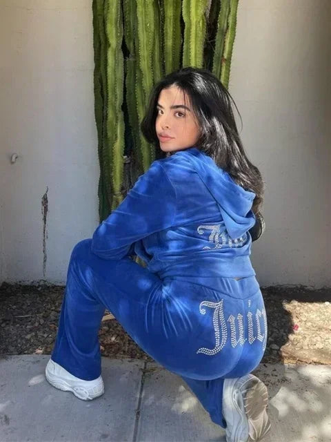 Two Piece Set Diamonds Hoodie Crop Jacket And Joggers Pants Outfits Streetwear Jogging Suits Juicy Corture Tracksuit