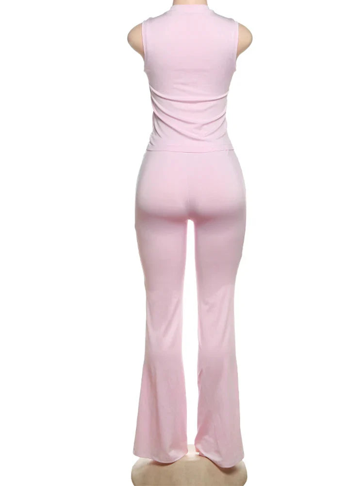 Heart Hollow 2 Piece Set Women o-Neck Sleeveless Tops+Skinny Stretch Pants