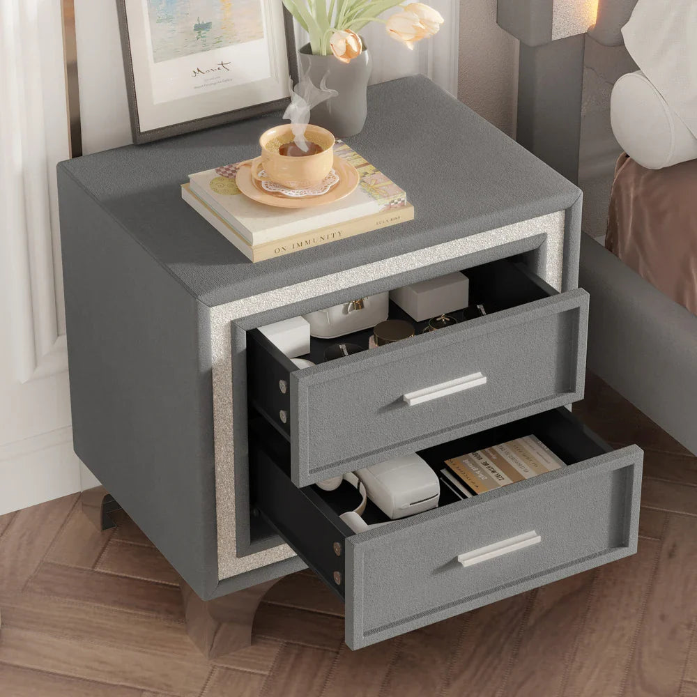 Three -Piece Upholstered Platform Bed Set with LED Lights and Nightstands Pink Velvet Foam-Filled Elegance & Ambiance Easy