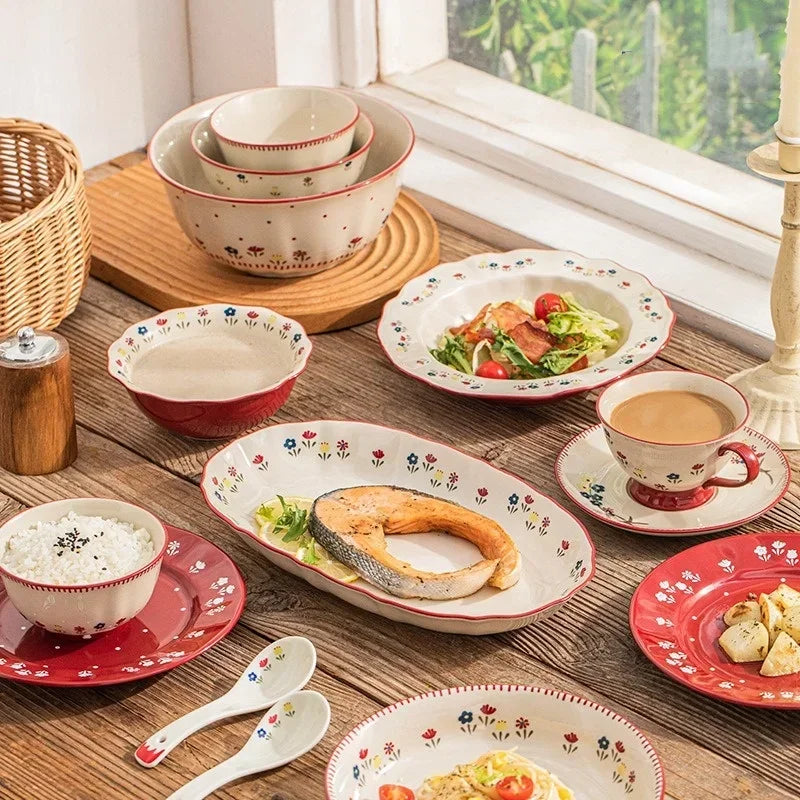 Floral Pattern Soup Bowl Salad Bowl Dish Oval Plate Pastoral Style Dinnerware Table Decoration Kitchen Gadgets Ceramic Tableware