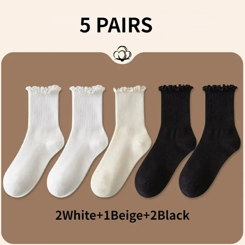 Pairs Lot Socks for Women Ruffle Middle Tube Ankle Short Breathable Black White Set Spring Autumn