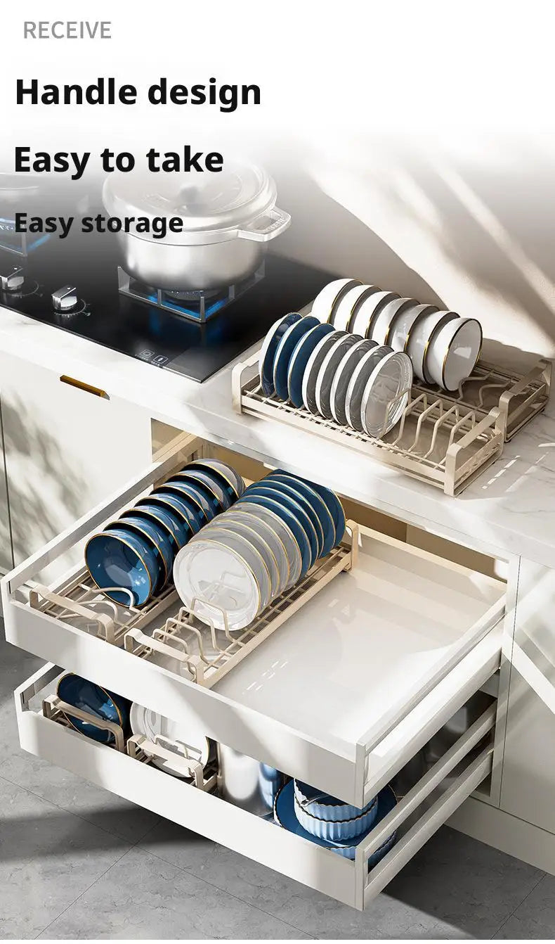 Pull Out Cabinet Dish Storage Rack Stainless Steel Plate Drain Stand Holder Kitchen Drawer Built-in Bowl Rack Basket Organizer