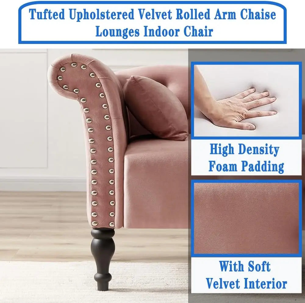 Upholstered Velvet Rolled Arm Chaise Lounges Indoor Chair, Right Arm Facing Chaise Lounge with Nailhead Trim and 1 Pillow