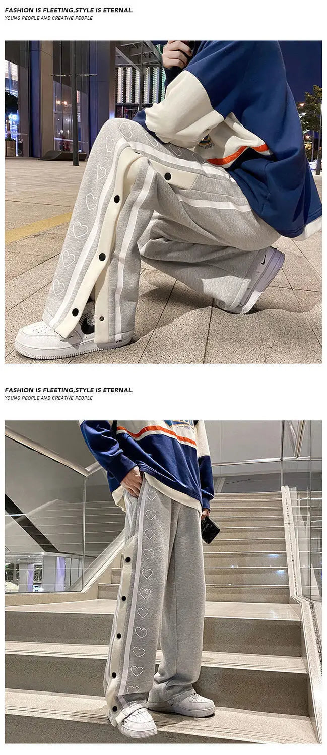 Harajuku Wide Leg Sweatpants Oversize Men Streetwear Side Button Baggy Pants Casual Hearts Sport Split Basketball Women Track Trousers
