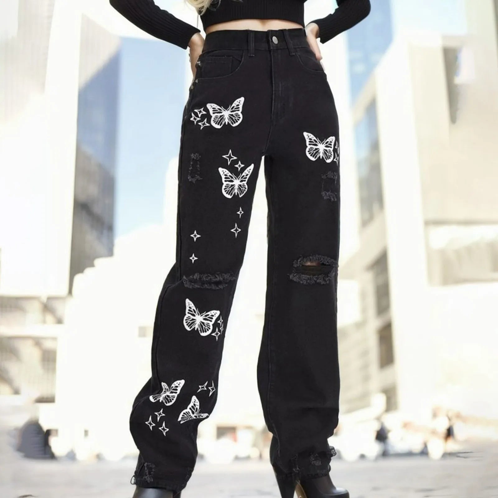 New Butterfly Print Straight Jeans High Waist Denim Trousers Trend Female Knee Hollow Out Broken Holes Pants