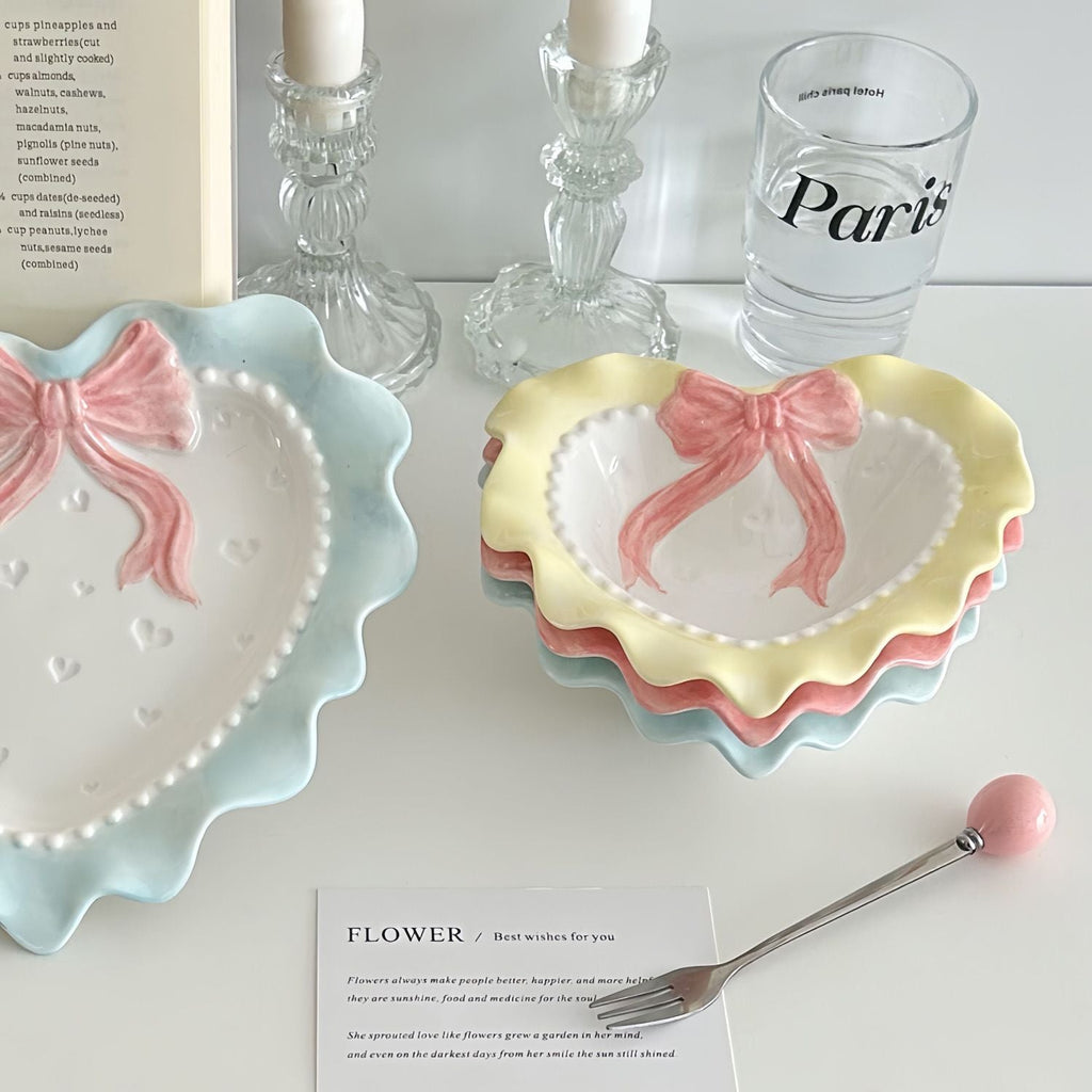 Cute Wave Edge Bow Knot Love Wave Dot Ceramic Lace Girl Tableware