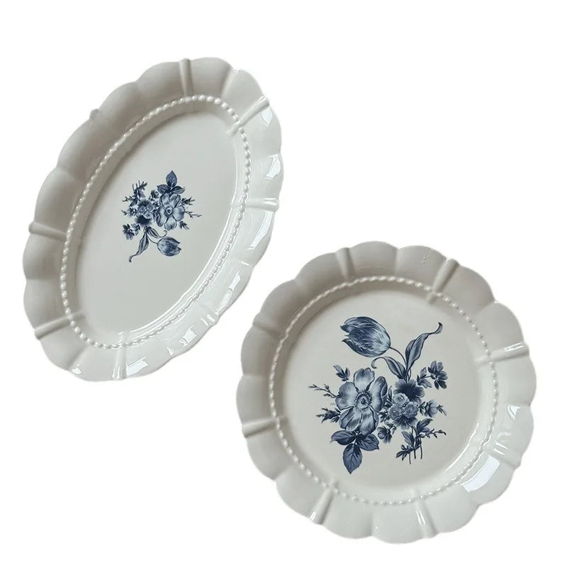 French Vintage Blue Floral Ceramic Plate Oval Dish High Value Dessert Serving Tableware