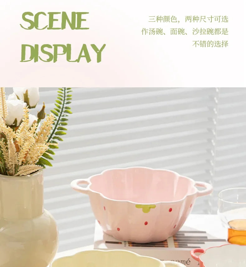 Strawberry Double Ear Ceramic Bowl,Cream 6.5-inch 9.5-inch Soup Bowl with Handle Home