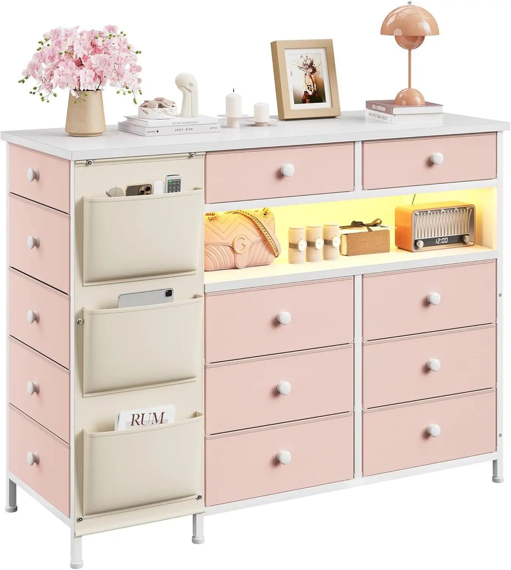 Pink Dresser For Bedroom With 13 Fabric Drawers And Led Lights, Closet Island With Drawers, Dressers & Chest Drawers