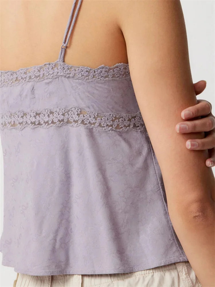 Women Camis Crop Tops Slim Sleeveless Lace Trim Embroidery V Neck Backless Adjustable Spaghetti Strap Party Tank Tops
