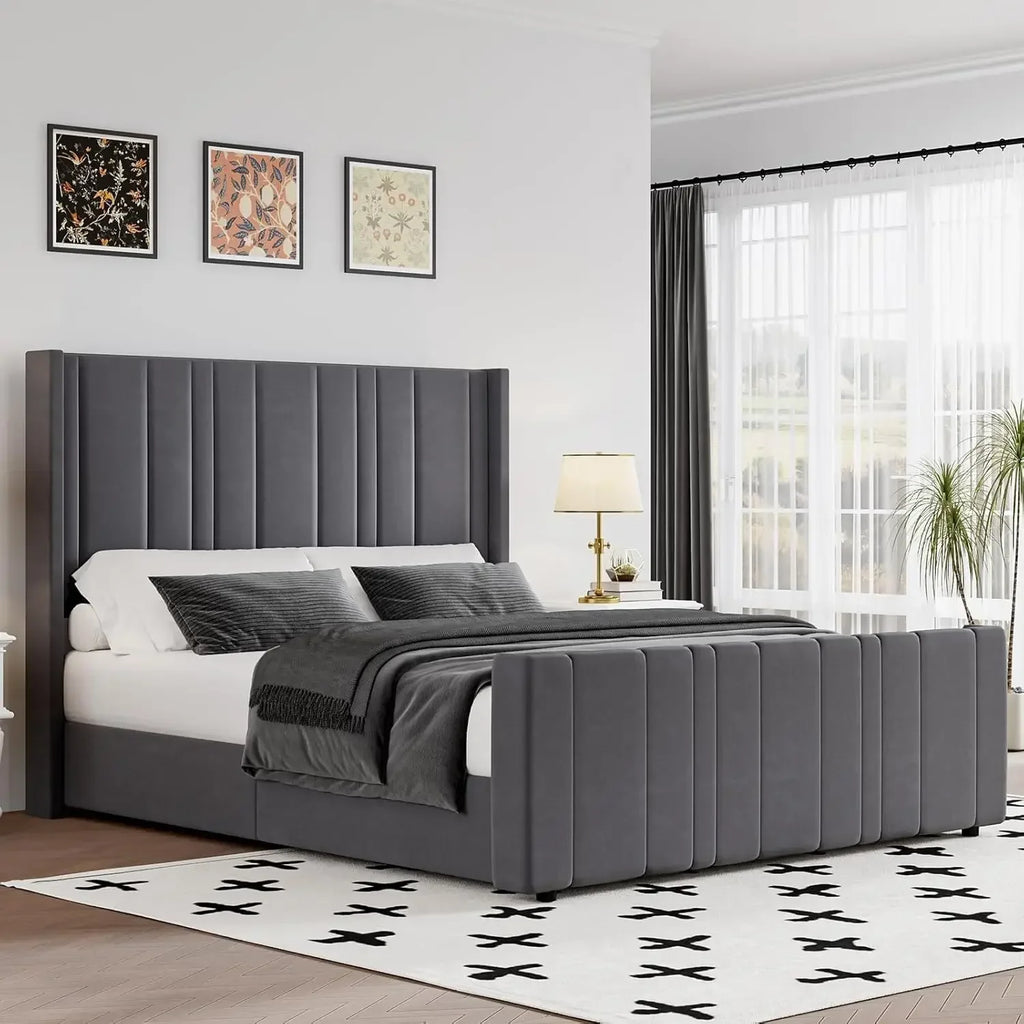 Soft Velvet Upholstered Bed Frame with Vertical Channel Tufted Wingback Headboard & Tall Footboard