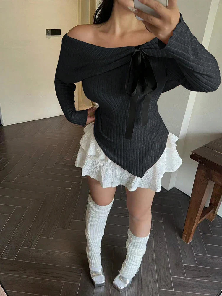 Plus Size Womens Solid Colour Strapless Long Sleeve Simple T Shirt Spring Daily Casual Dress Up Cute Wind Pure Colour Polyester