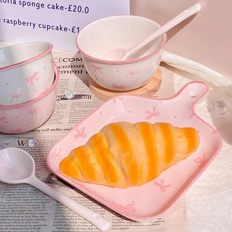 Pink Bow Ceramic Cutlery Set, Home Tableware Ceramic Handle Bowl Yogurt Cup High Value Breakfast Plate Drinkware