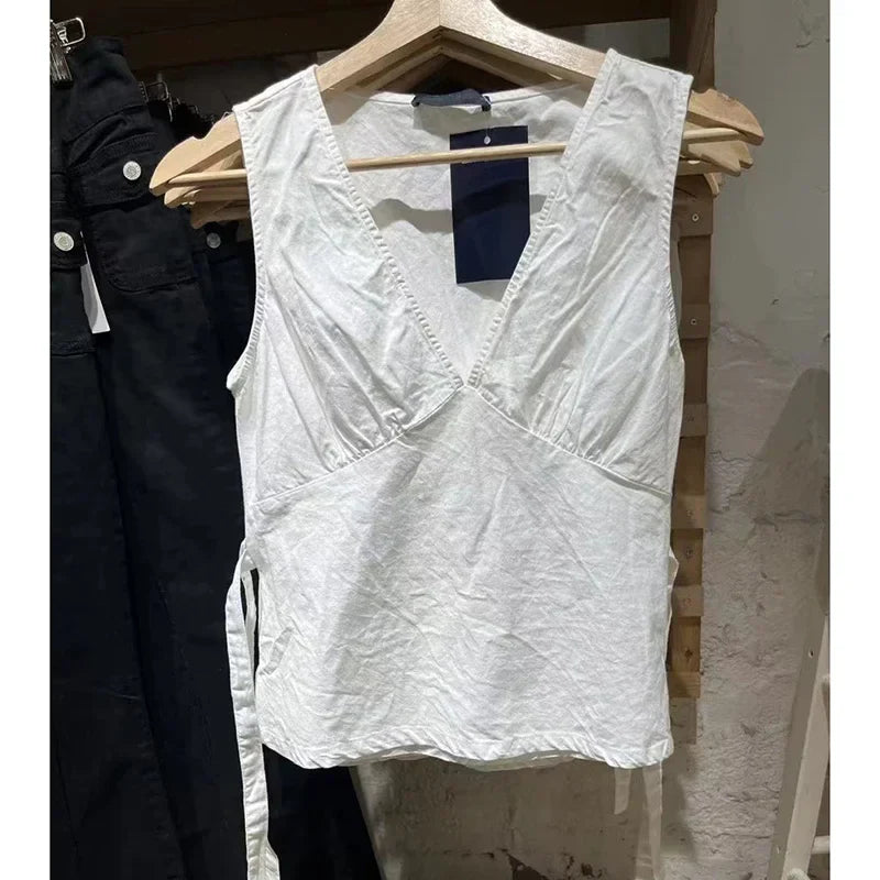Women White Deep V Neck Tanks Summer Ladies Soft Sexy Cotton Slim Tank Tops Female Vintage Solid Sweet Vest