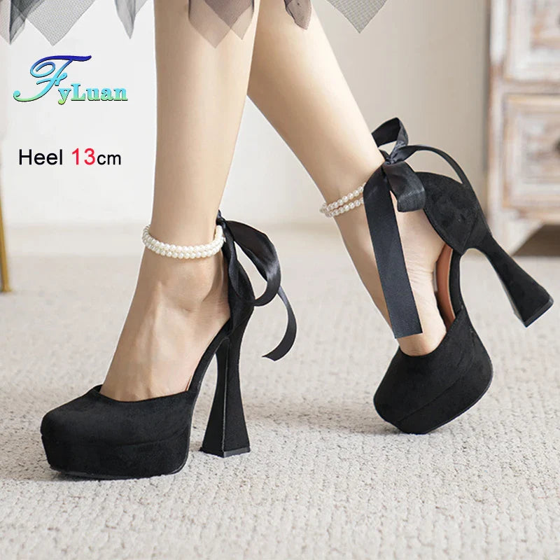 Fashion Super High Heels Sandals Bow Buckle Square Head Heels Ladies Shoes