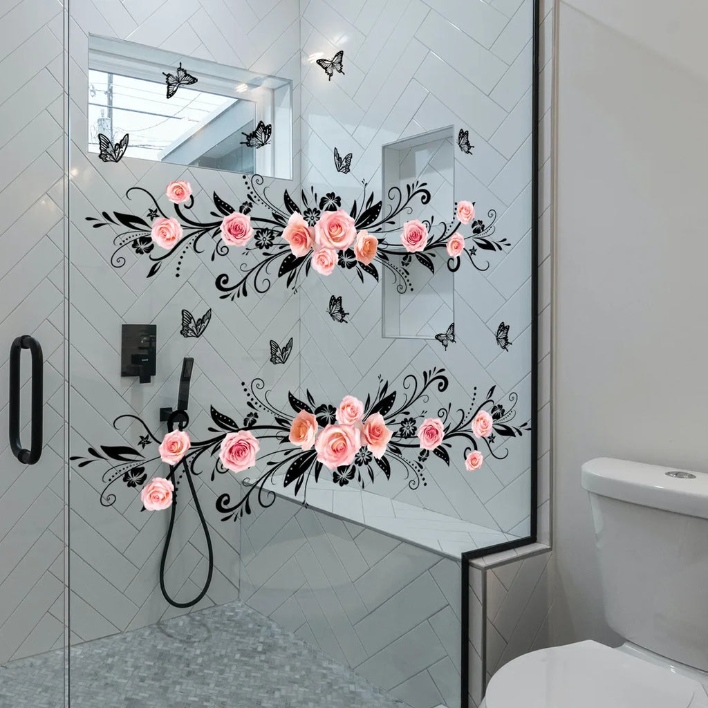 Pink Rose and Black Butterfly Glass Wall Sticker Cozy Living Room Bathroom Bedroom Double Sided Visible Self Adhesive Sticker