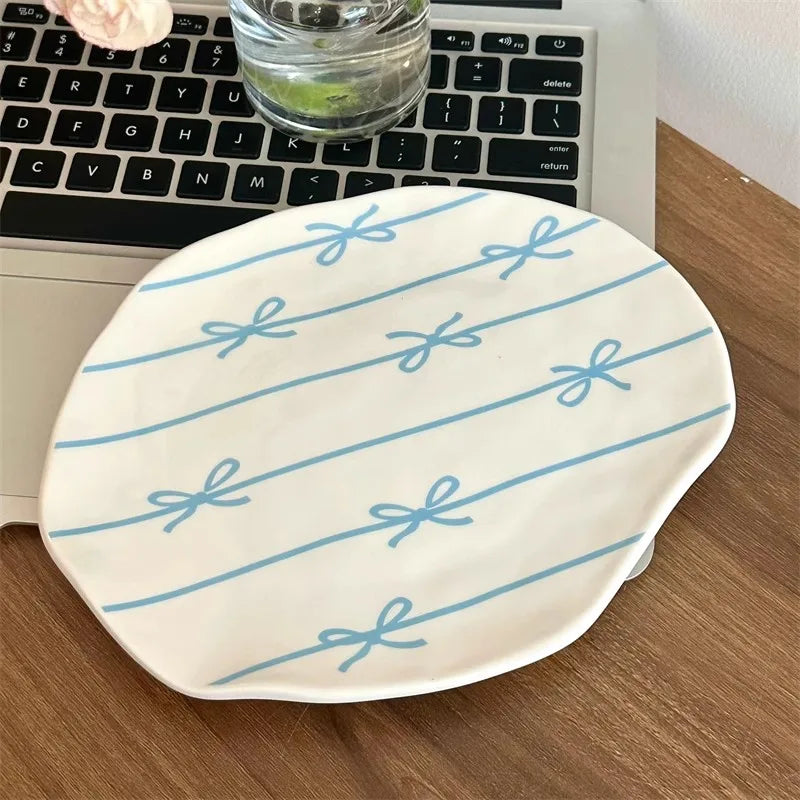 Cute Bowknot Kawaii Ceramic Plate For Cake Food Dinner Breakfast Ins Dessert Salad Decorative Dish 8 inch
