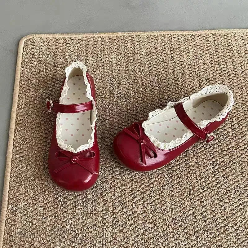 Original Lolita Flat Shoes with Butterfly Knot Soft Bottom Round Head Single Lined Women's High Heel