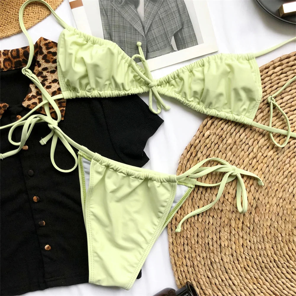 Women Sexy Sling Bikini Micro String Extreme Swimsuit Bikinis Pleated Set