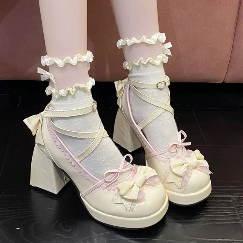 Round Toe Square Heel Increased Fashion Elegant High Heel Women's Shoes Bow Decorated Mary Jane Shoes