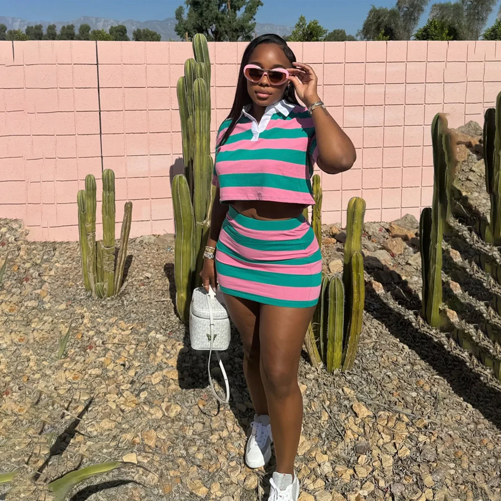 Striped Print Two Piece Set Women Casual Lapel Short Sleeved Polo Tshirt Skirt Two Piece Set Women