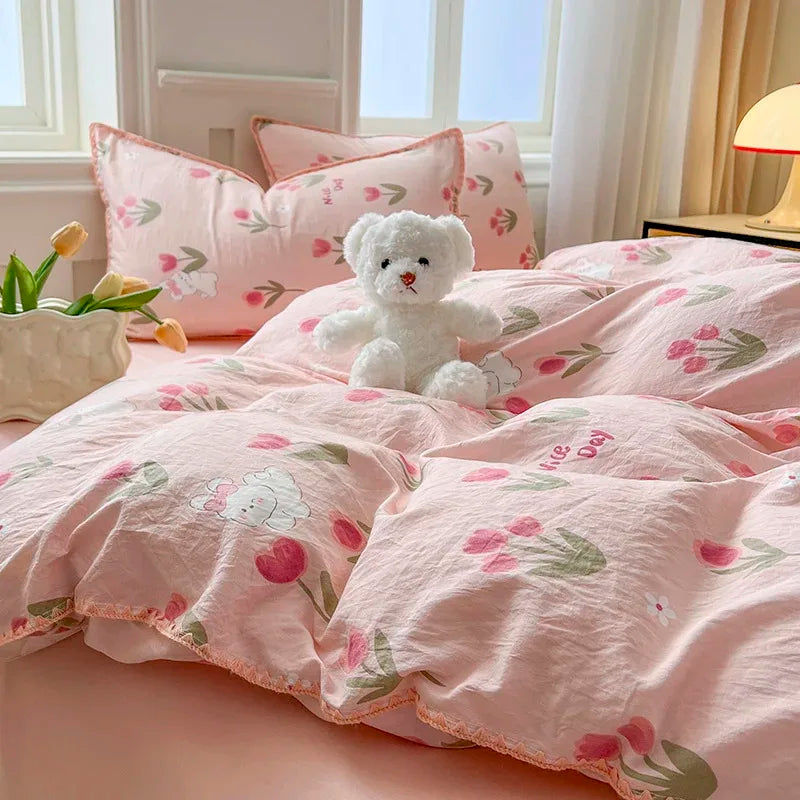 Tulip Double Layer Yarn Quilt Cover Bed Sheet Pillowcase Bedding Set Girls Duvet Cover Set No Filler