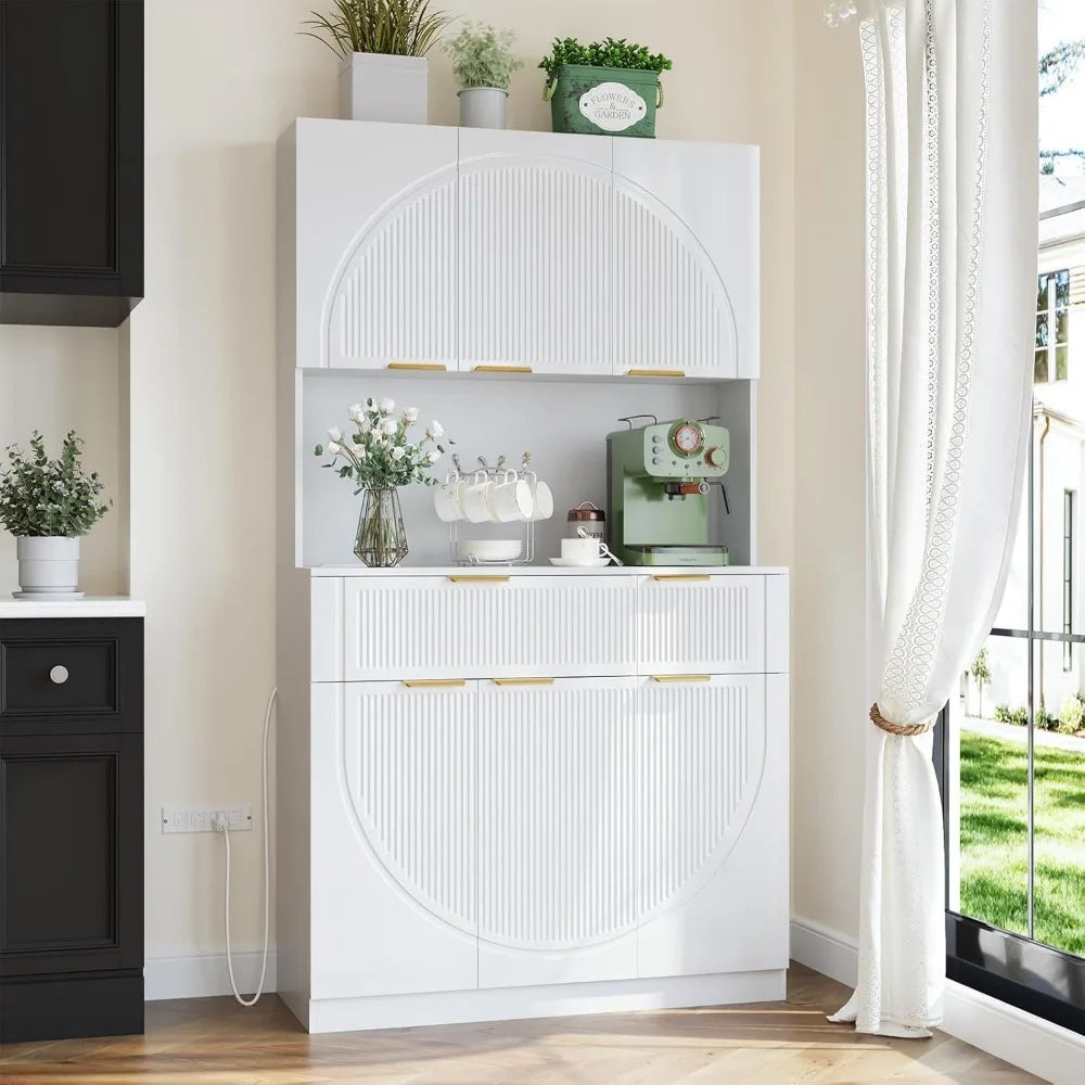 Kitchen Pantry With Charging Station, White Modern Hutch With Drawers & Microwave Stand, Buffet Cabinet With Countertop