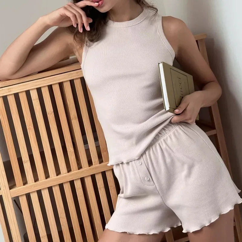 New Spring and Summer Pajamas Set, Solid Color Comfortable Vest, Shorts, Casual Loungewear Two-piece Set Women's Clothing