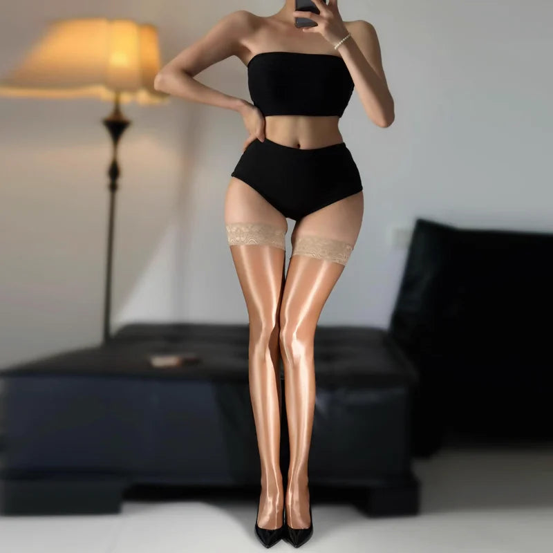 Women Sexy Oil Shiny Over The Knee Thigh High Long Stockings Lace Top Shaping Anti-slip Silicone Socks