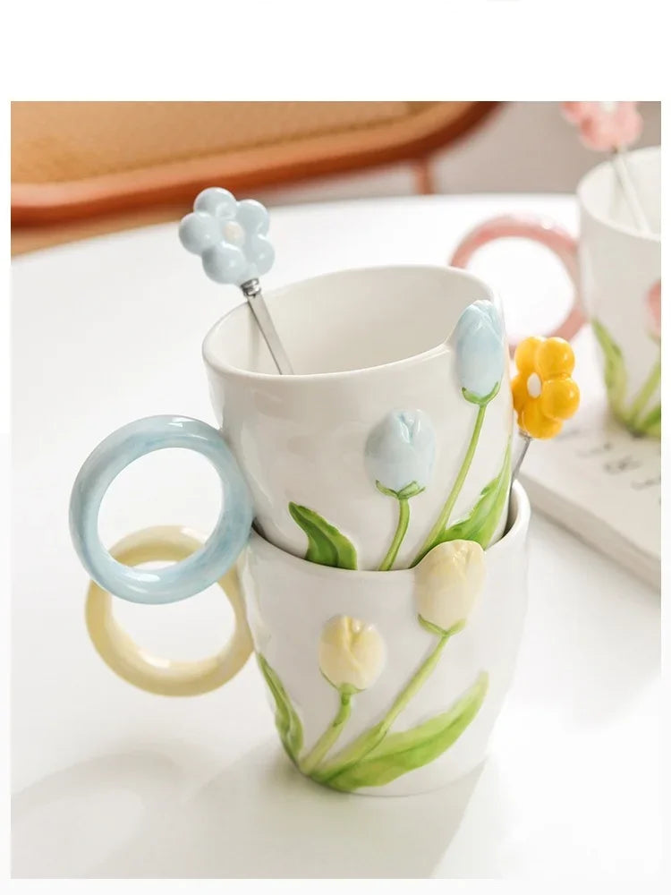 Tulip Flower Ceramic Mug Three-dimensional Design Creative Girl Heart Cup