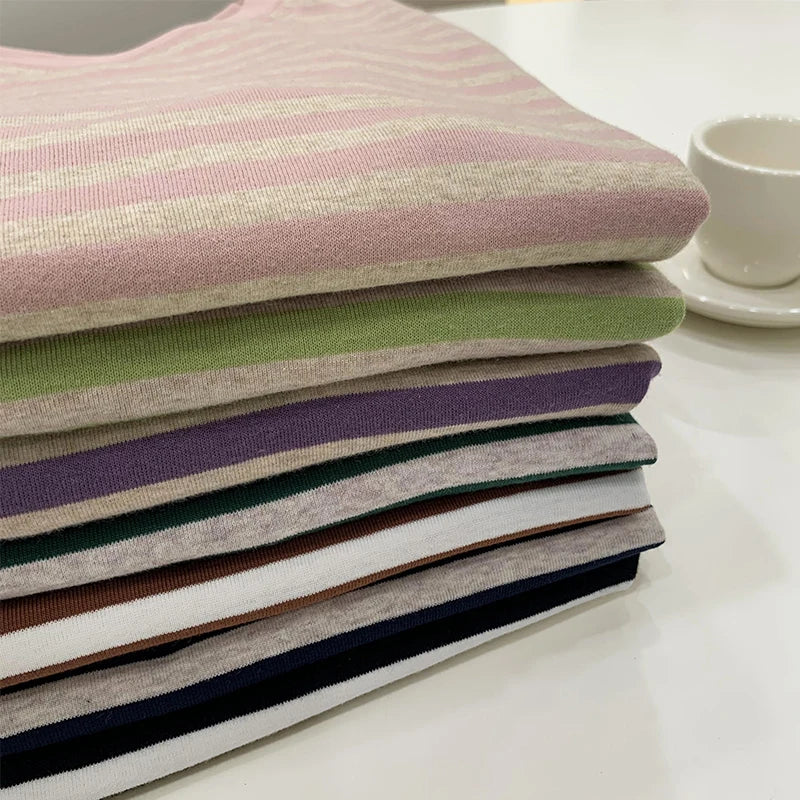 Summer Short Sleeve Striped T-Shirts Versatile Women Knitted Basic Casual Tops Female Cozy Loose Cotton Tees