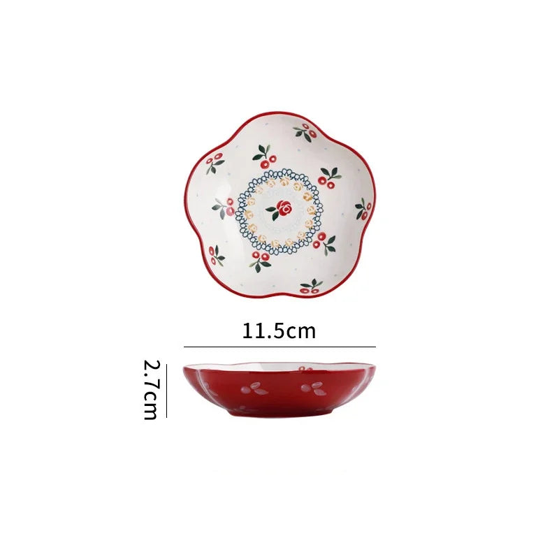 Cherry Ceramic Bowl Retro Vegetable Salad Bowl Fruit Bowl Steamed Egg Bowls Dessert Snack Bowls Restaurant Ceramic Tableware