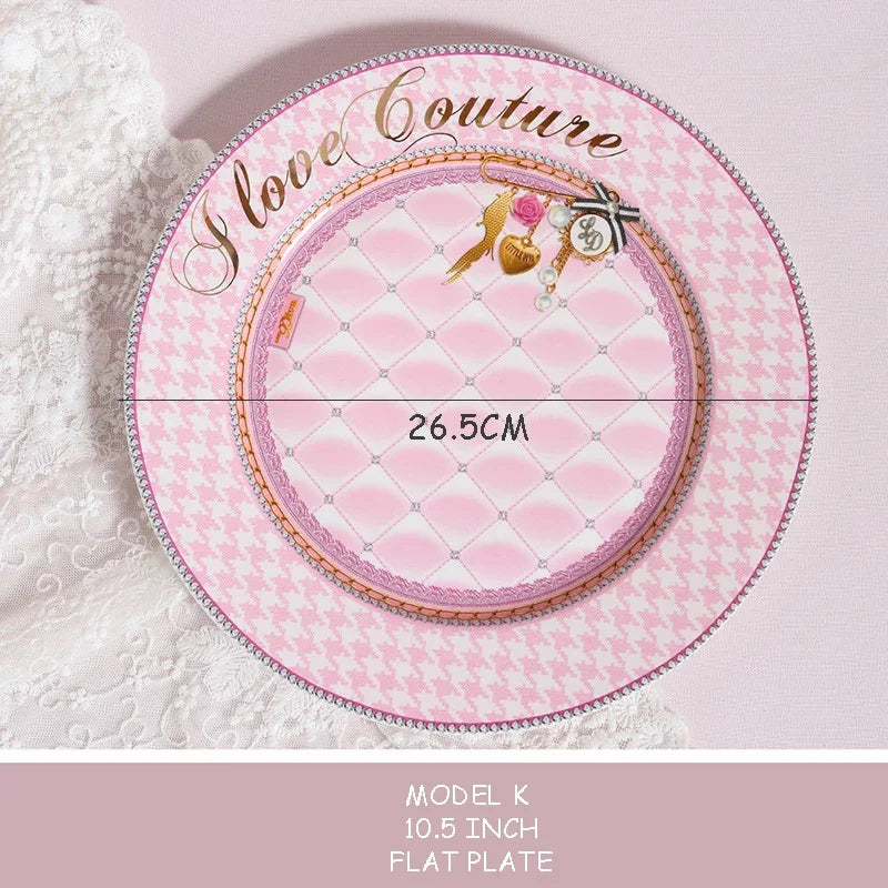 Pink Heart Shaped Dining Plate, Breakfast Tray, Ceramic Lace, Leopard Pattern Tableware, Afternoon Tea Salad Dessert