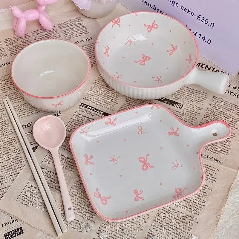 Pink Bow Ceramic Cutlery Set, Home Tableware Ceramic Handle Bowl Yogurt Cup High Value Breakfast Plate Drinkware