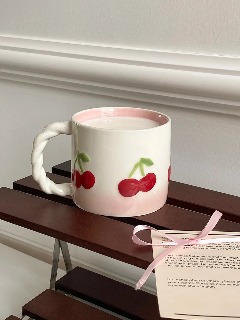 Pink Cherry Ceramic Mug, Twist Handle Ceramic Exquisite Pink Gradient Cup