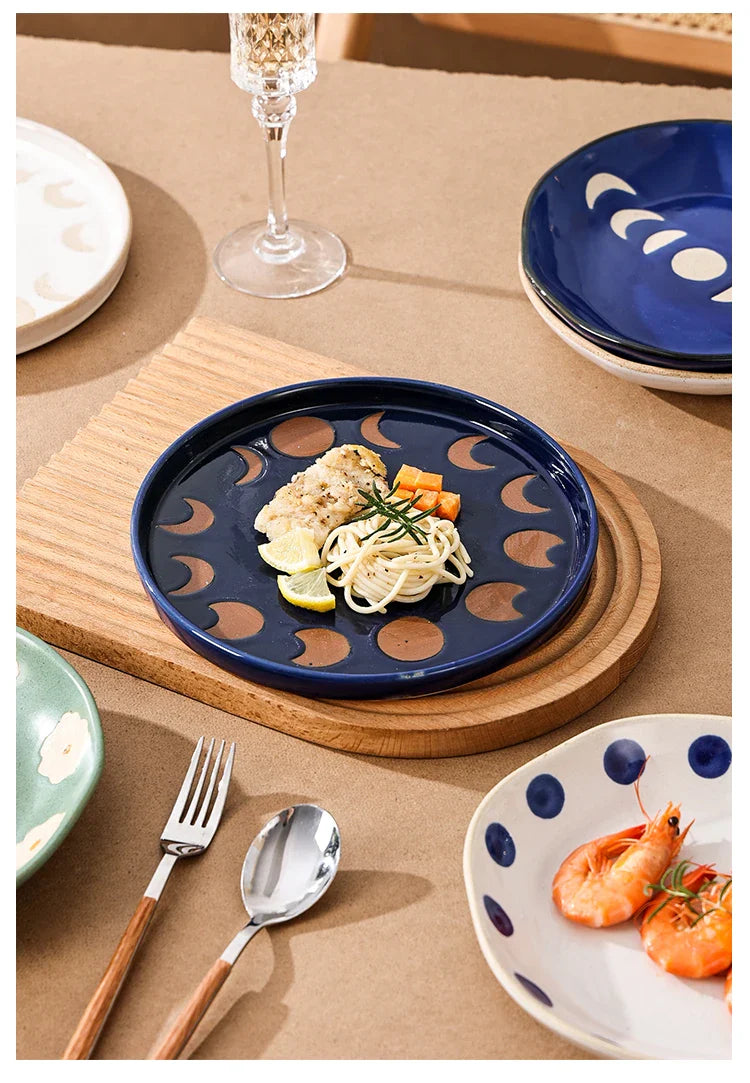 Vintage Hand Painted Dots Daisy Pottery Deep Plates Creative Moon Star Steak Flat Plate Handmade Salad Dinner Dishes