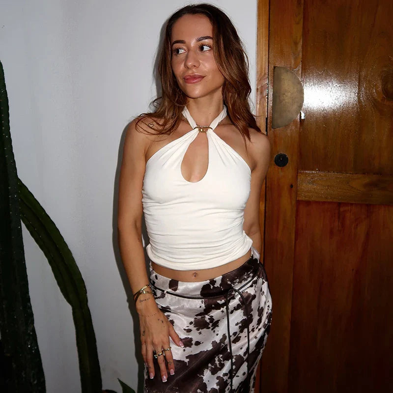 Women'S Solid Color Hanging Neck Tie Hollow Out Metal Ring Strapless Backless Tank Top Summer New Fashion Street Tank